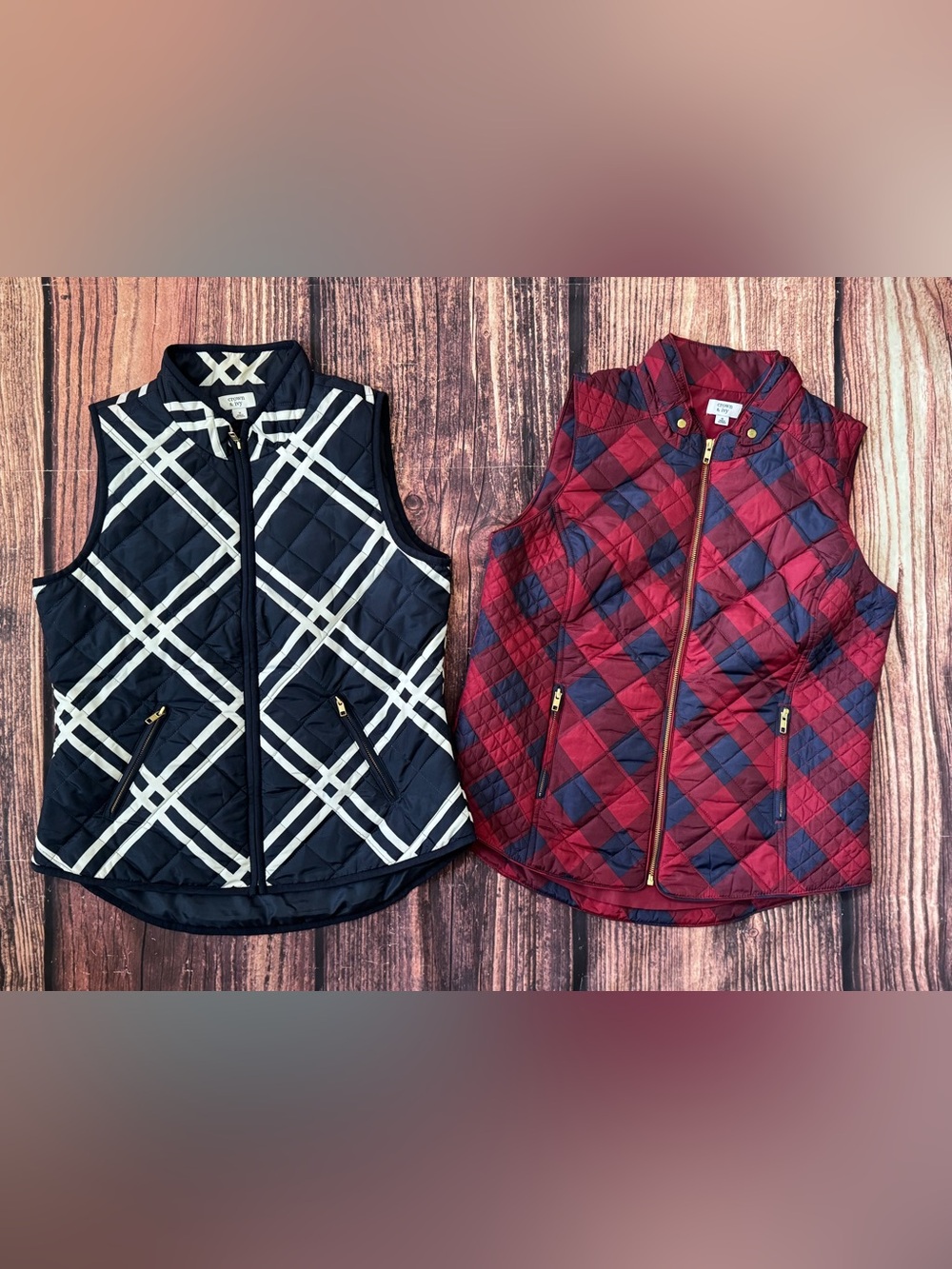 Crown & Ivy Quilted Vest Bundle Women’s M Plaid Gold Zippers